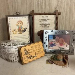 Vintage Decorative Plaques, Cat Frame, Ceramic Box & Miniature Bonnet
