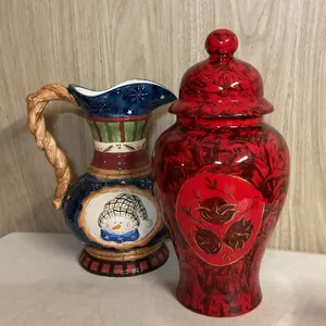 Decorative Red Ginger Jar & Snowman Pitche