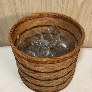 Vintage Clear Glass Stemware & Drinking Glasses with Woven Basket