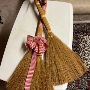 Decorative Straw Brooms with Gingham Bows – 2 Pieces