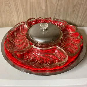 Vintage Glass Relish / Serving Tray Set with Center Covered Dish