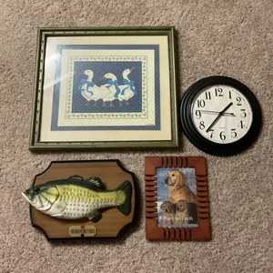 Assorted Wall Décor – Big Mouth Billy Bass, Goose Art, Clock & Dog Frame