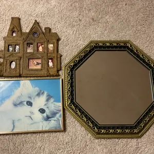 Decorative Wall Décor – Victorian House Photo Frame, Cat Print & Ornate Mirror