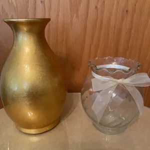 Gold-Gilded Ceramic Vase & Clear Glass Ivy Ball Vase
