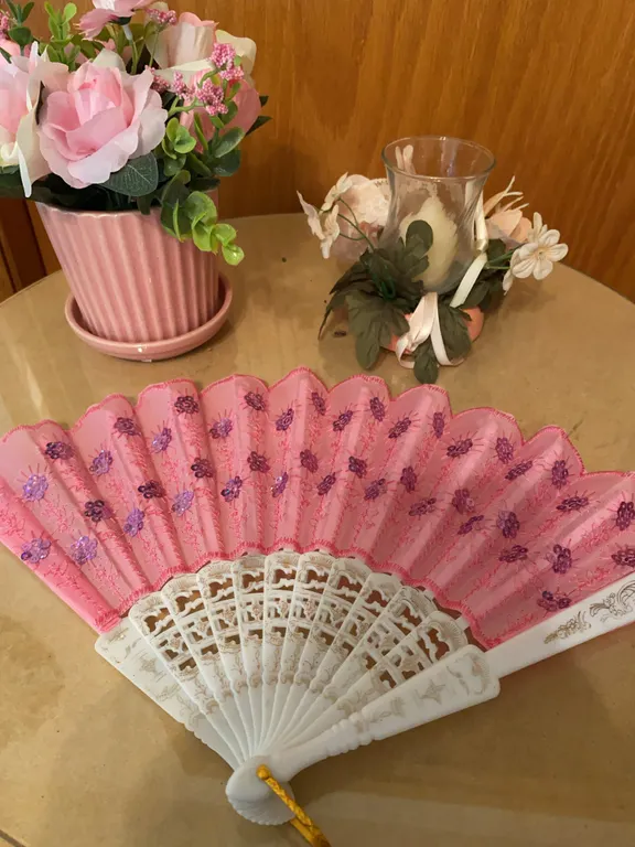 Pink Floral Décor, Decorative Hand Fan & Candle Holder