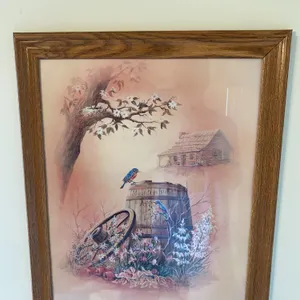 Framed Country Cabin & Bluebird Print – 23.5" x 19.5"