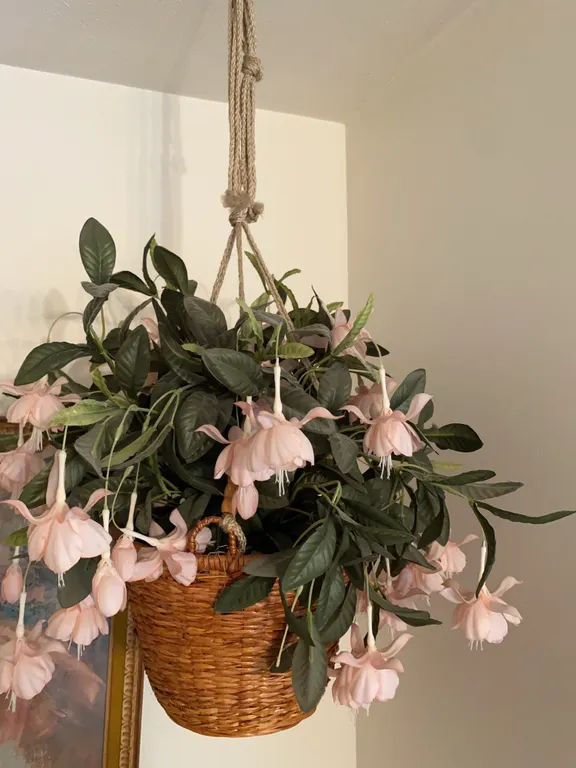Hanging Wicker Basket with Pink Fuchsia Floral Arrangement
