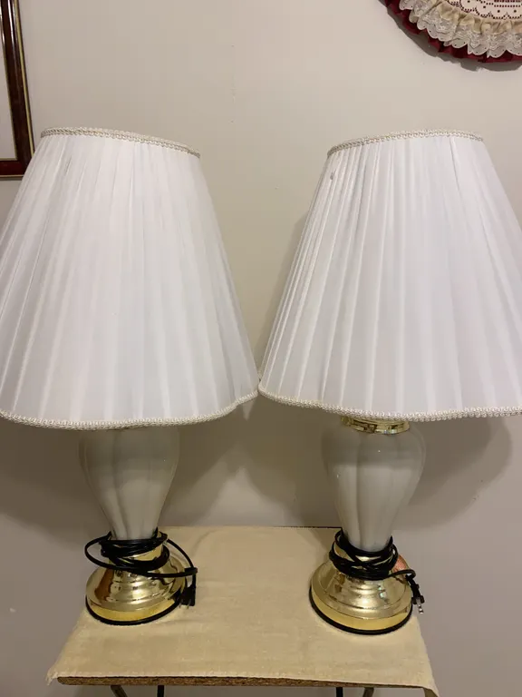 Pair of Glass & Brass Table Lamps with Pleated Shades