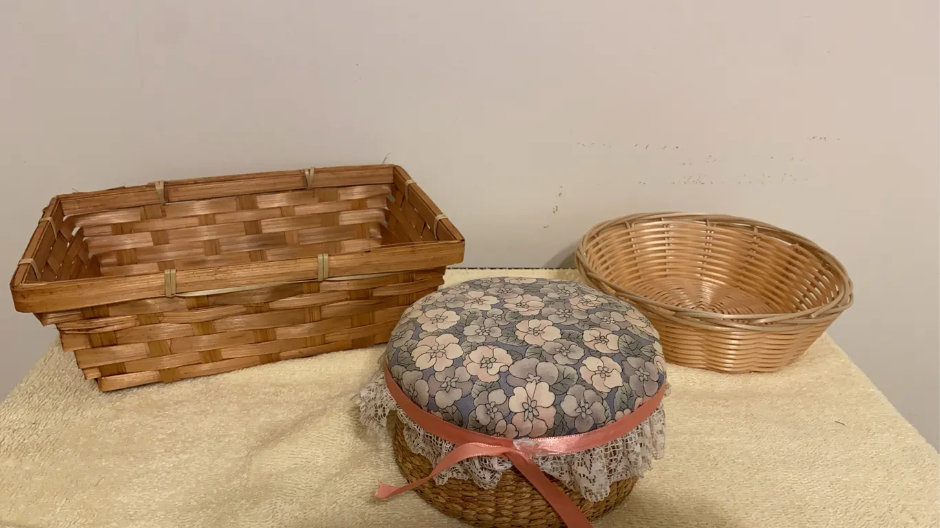 Assorted Woven Baskets & Floral Sewing Basket