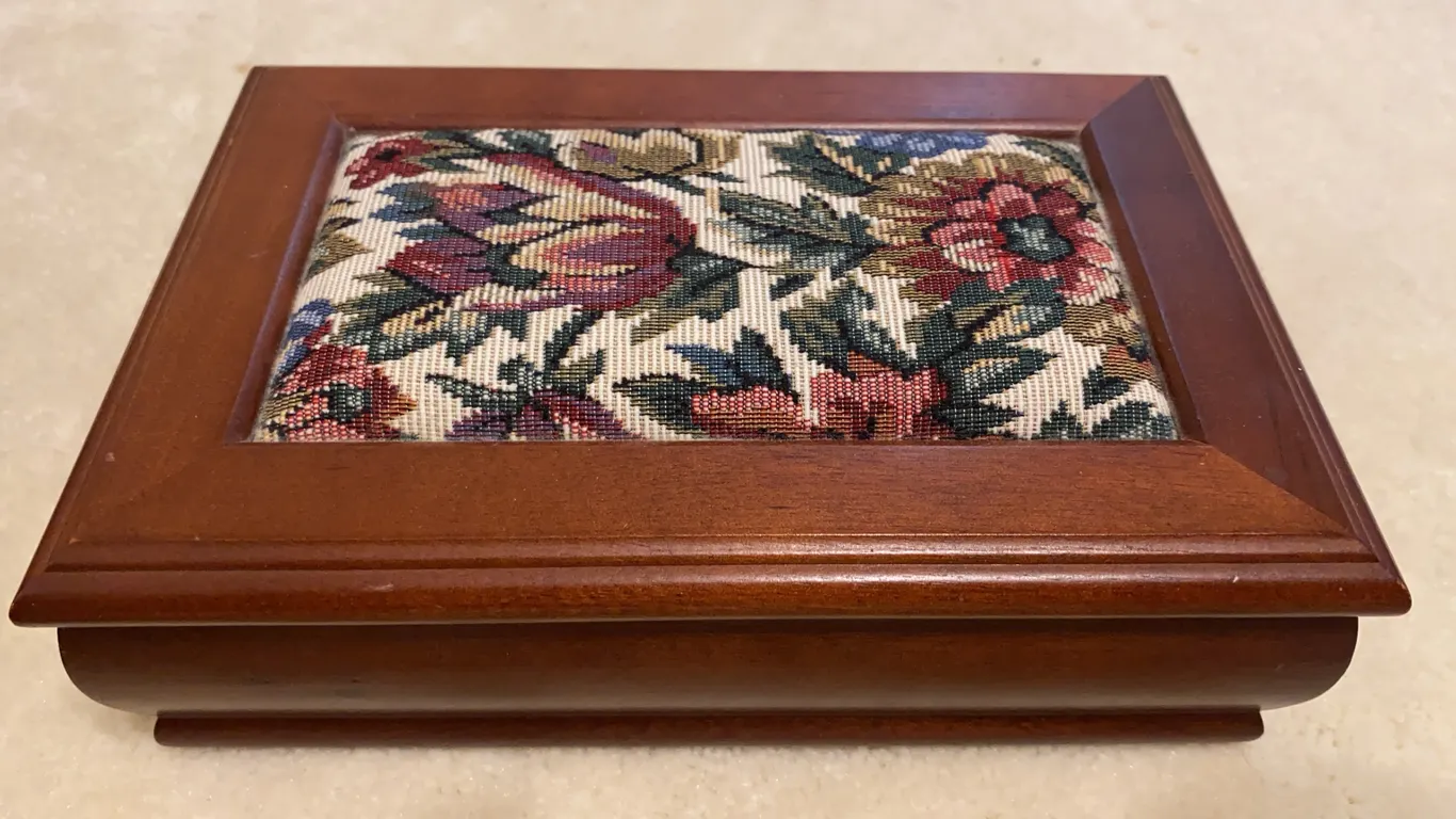 Wood Jewelry Box with Floral Needlepoint Top & Assorted Jewelry