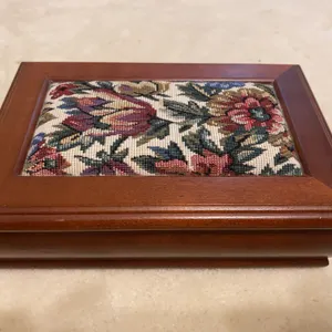 Wood Jewelry Box with Floral Needlepoint Top & Assorted Jewelry