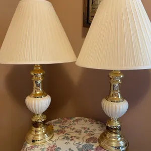 Pair of Brass & White Ceramic Table Lamps with Pleated Shades