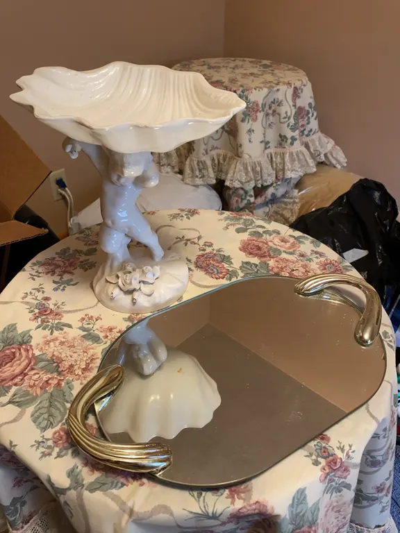 Italian Cherub Compote & Vintage Mirrored Vanity Tray
