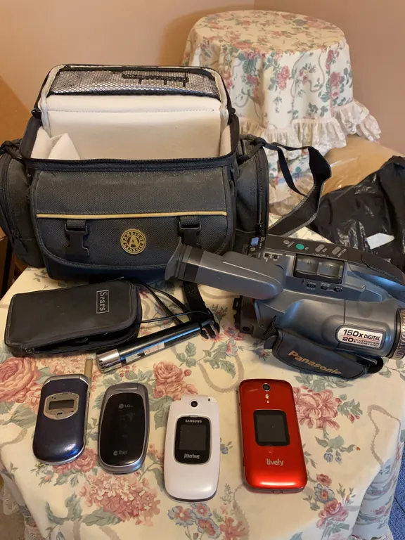 Panasonic Camcorder, Camera Bag & Vintage Cell Phones