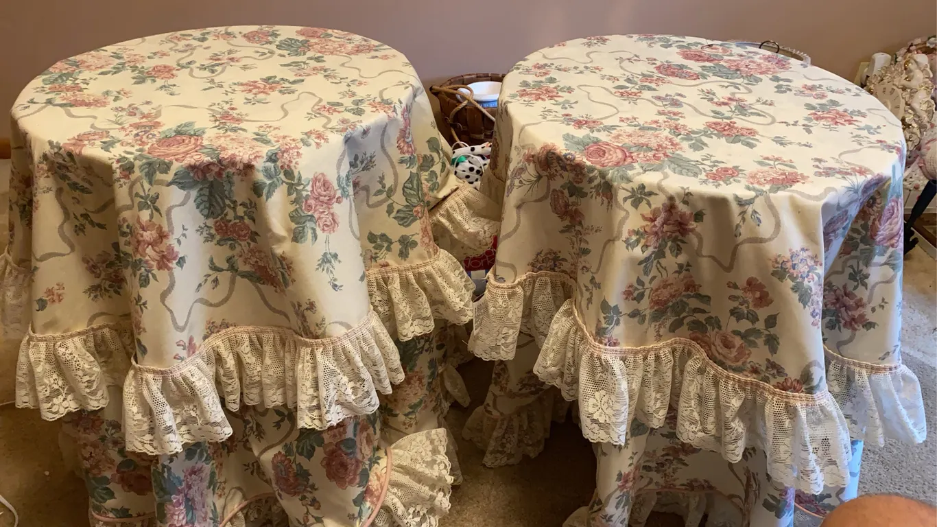 Pair of Floral Lace-Trimmed Round Table Covers & Tables