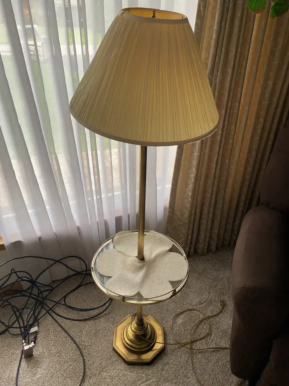 Vintage Brass Floor Lamp with Glass Tray Table & Pleated Shade