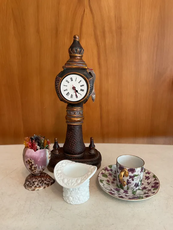 Vintage Decorative Collectibles – Clock, Cowrie Shell Toothpick Holder, Milk Glass Top Hat & Demitas