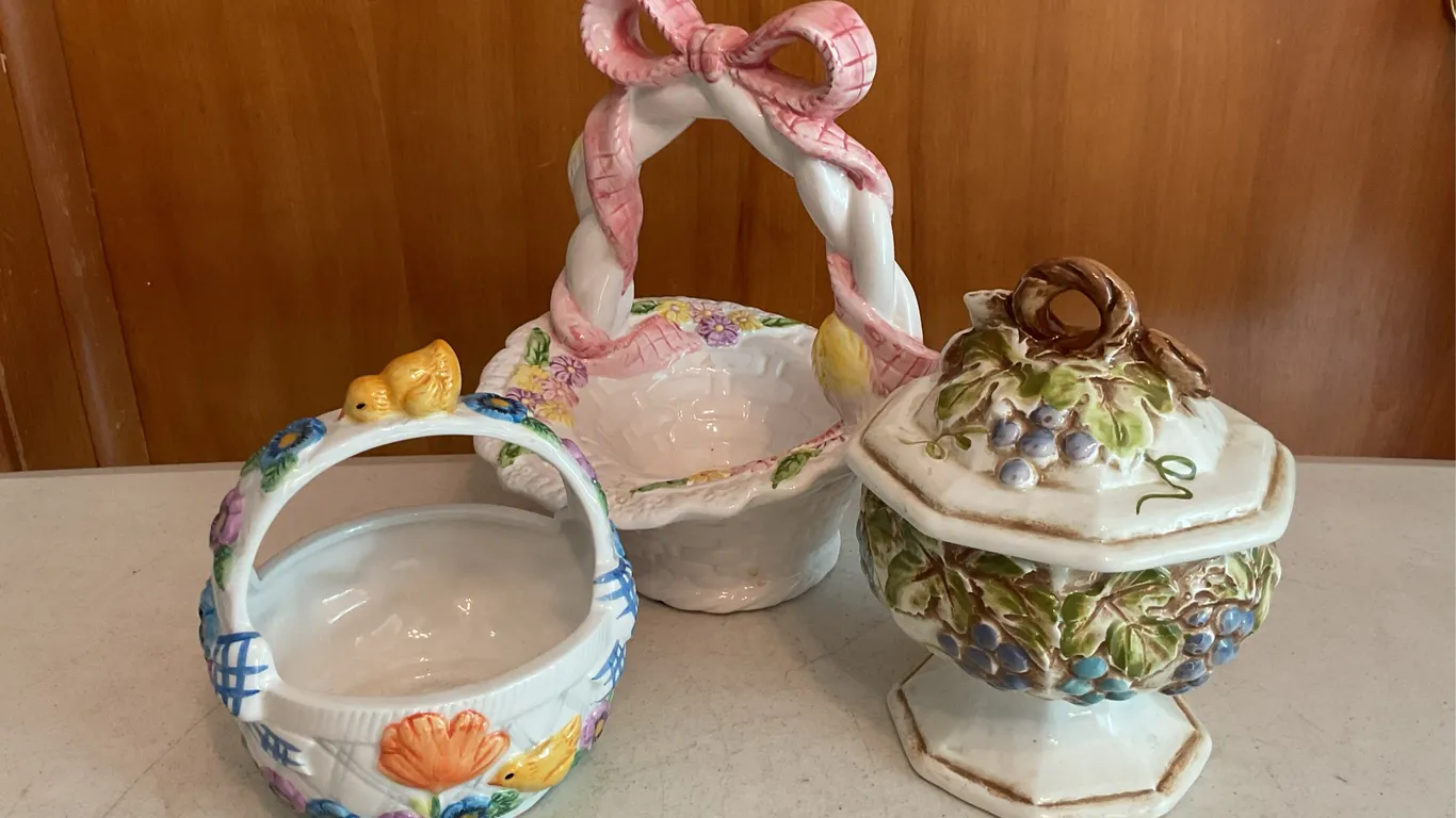 Decorative Ceramic Baskets & Grape-Themed Covered Dish