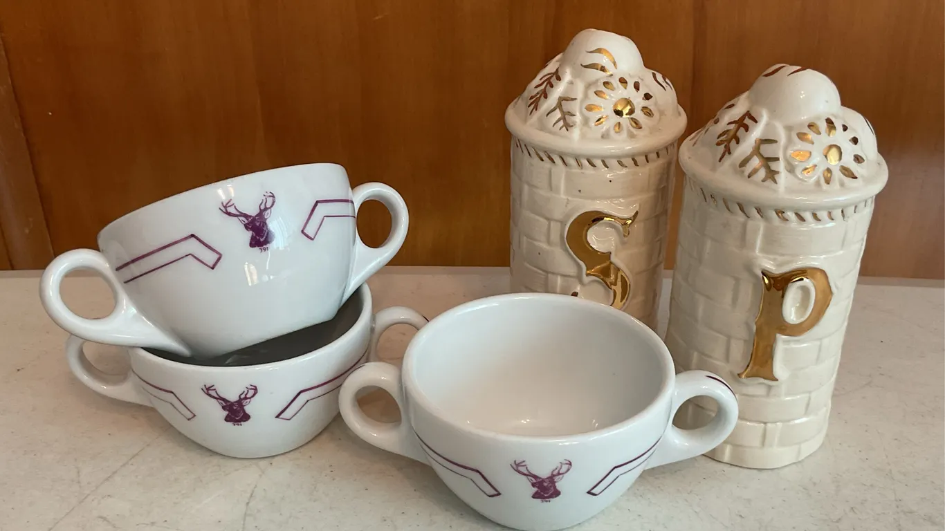 Vintage Shenango China B.P.O.E. Elks Double-Handle Soup Cups & Ceramic Salt & Pepper Shakers