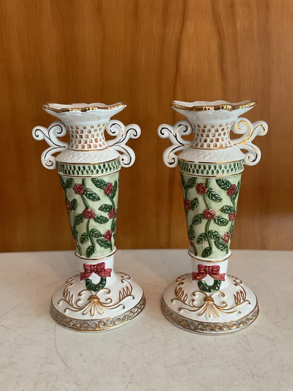 Pair of Vintage Laura Ashley Home for FTD Christmas Vases