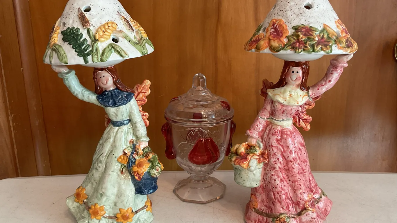 Autumn Lady Figurines & Vintage Pear Glass Covered Dish