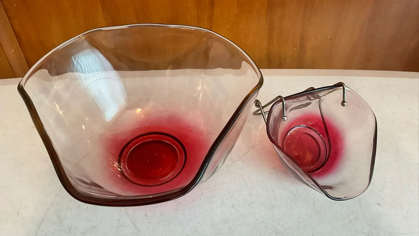 Vintage Indiana Glass Cranberry Ombre Chip & Dip Set