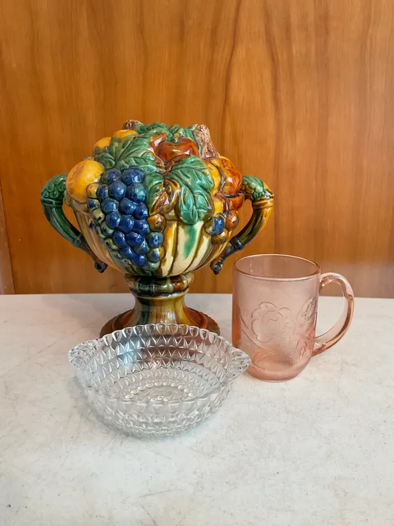 Vintage Majolica-Style Fruit Compote, Arcoroc Rosaline Mug & Pressed Glass Bowl