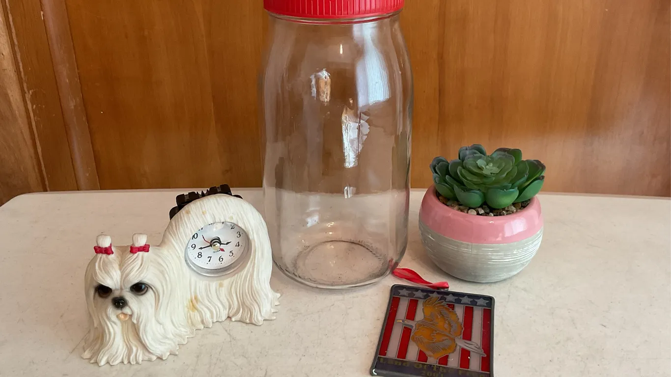 Vintage Maltese Dog Clock, Glass Storage Jar, Flora Bunda Succulent & Patriotic Ornament