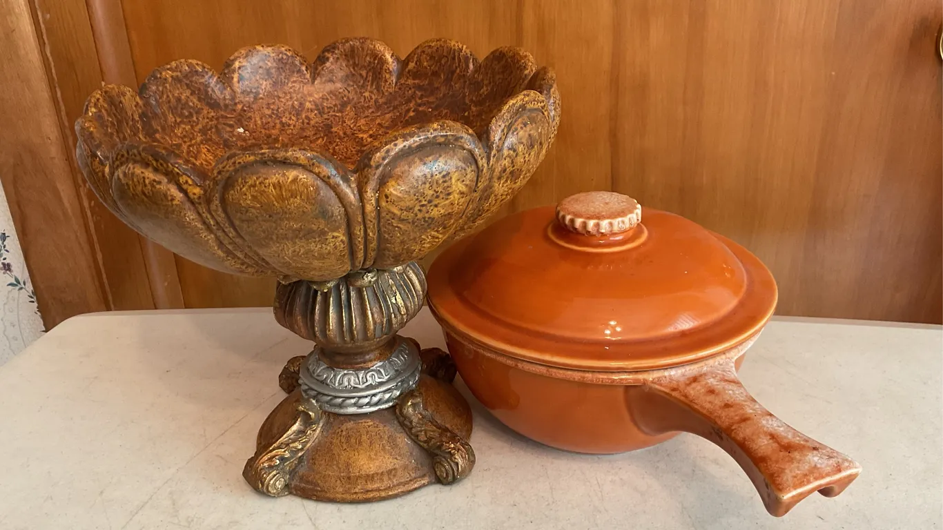 Ornate Pedestal Bowl & Vintage Hull Pottery Casserole