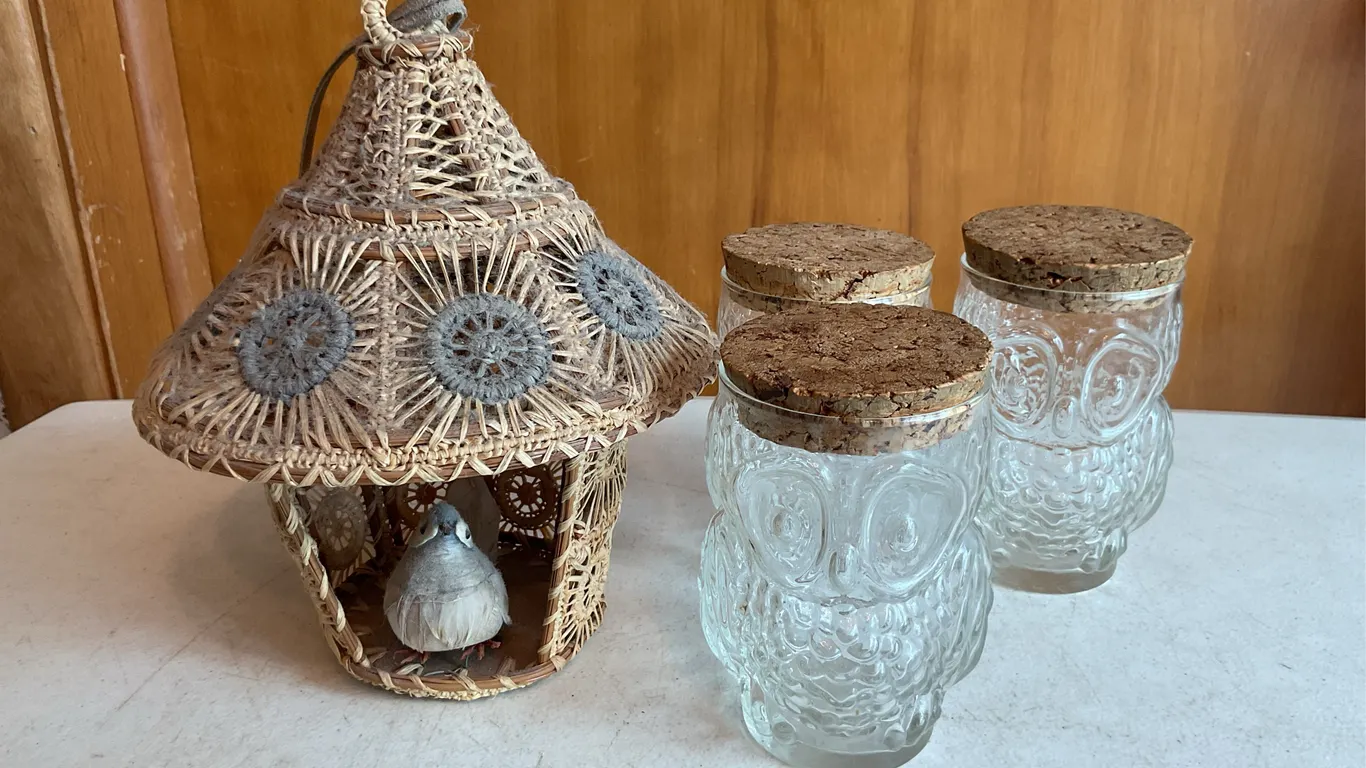 Vintage Pressed Glass Owl Jars & Woven Straw Birdhouse