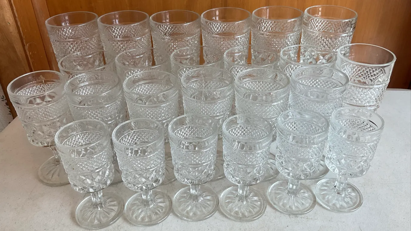 24 Vintage Anchor Hocking Wexford-Style Glass Tumblers & Stemware