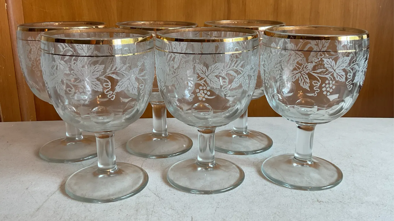 Vintage Bartlett-Collins Pattern 806 Gold-Rim Water Goblets