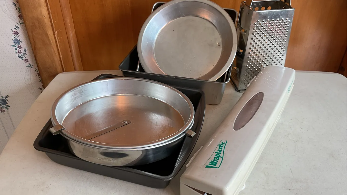 Assorted Baking Pans, Kitchen Tools & Wraptastic Dispenser