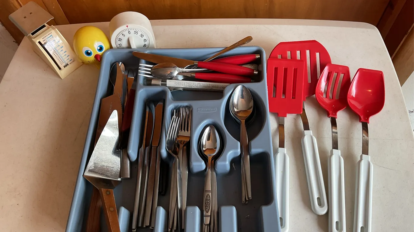 Assorted Flatware, Kitchen Utensils, Timers & Cutlery Tray