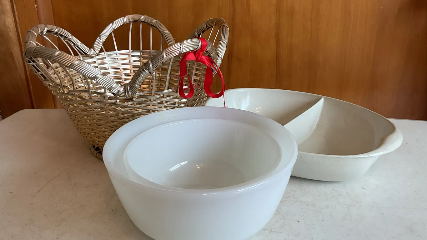 Wicker Basket, Divided Serving Dish & Vintage Fire-King Milk Glass Bowls