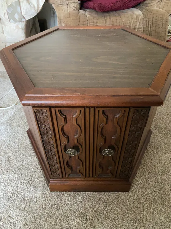 Vintage Carved Wood Hexagon End Table / Cabinet
