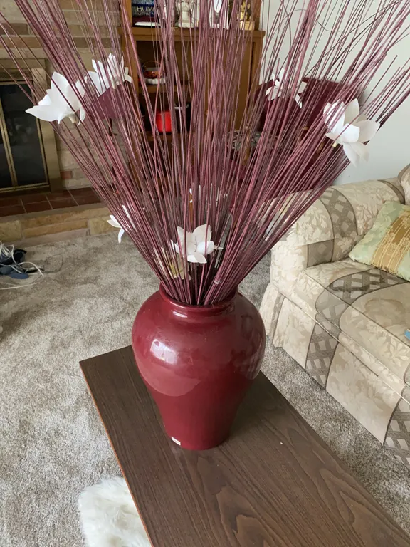 Burgundy Ceramic Floor Vase with Decorative Floral Reeds