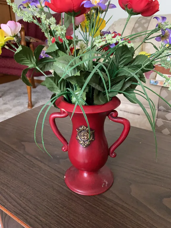 Red Urn-Style Vase with Artificial Floral Arrangement