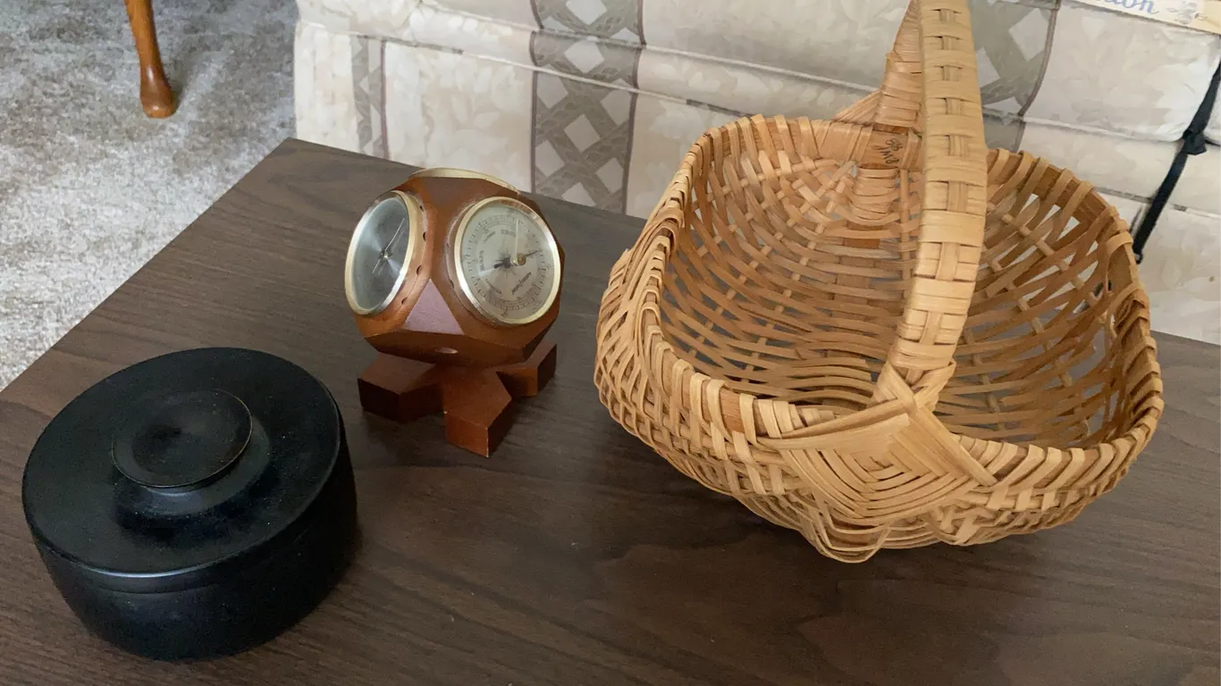 Vintage Weather Station, Wicker Basket & Lidded Container