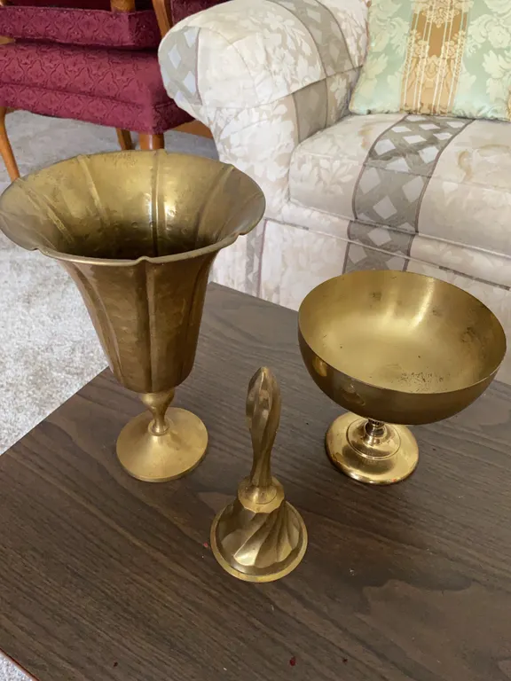 Vintage Brass Goblet Vase, Compote Bowl & Hand Bell