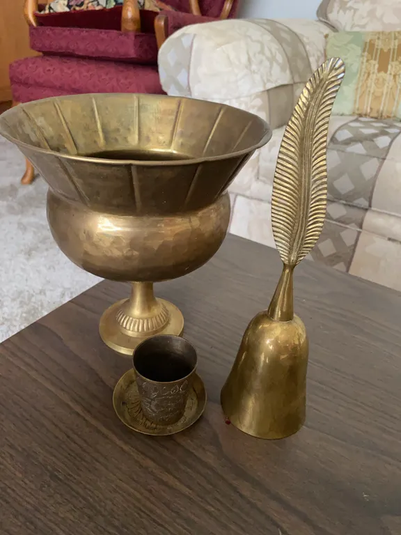 Vintage Brass Compote, Feather-Handle Bell & Decorative Cup/Dish – 4 Pieces