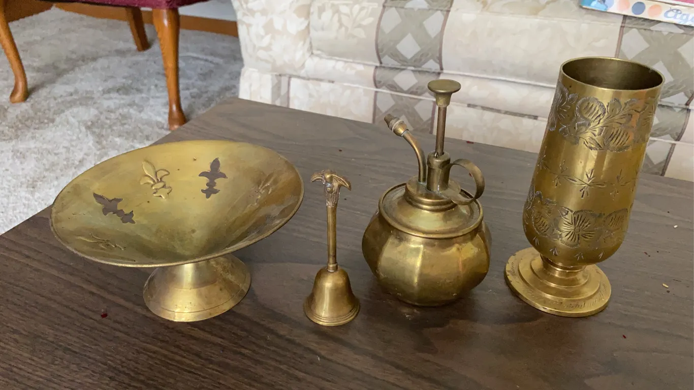 Vintage Brass Décor – Atomizer, Bell, Pedestal Dish & Etched Vase