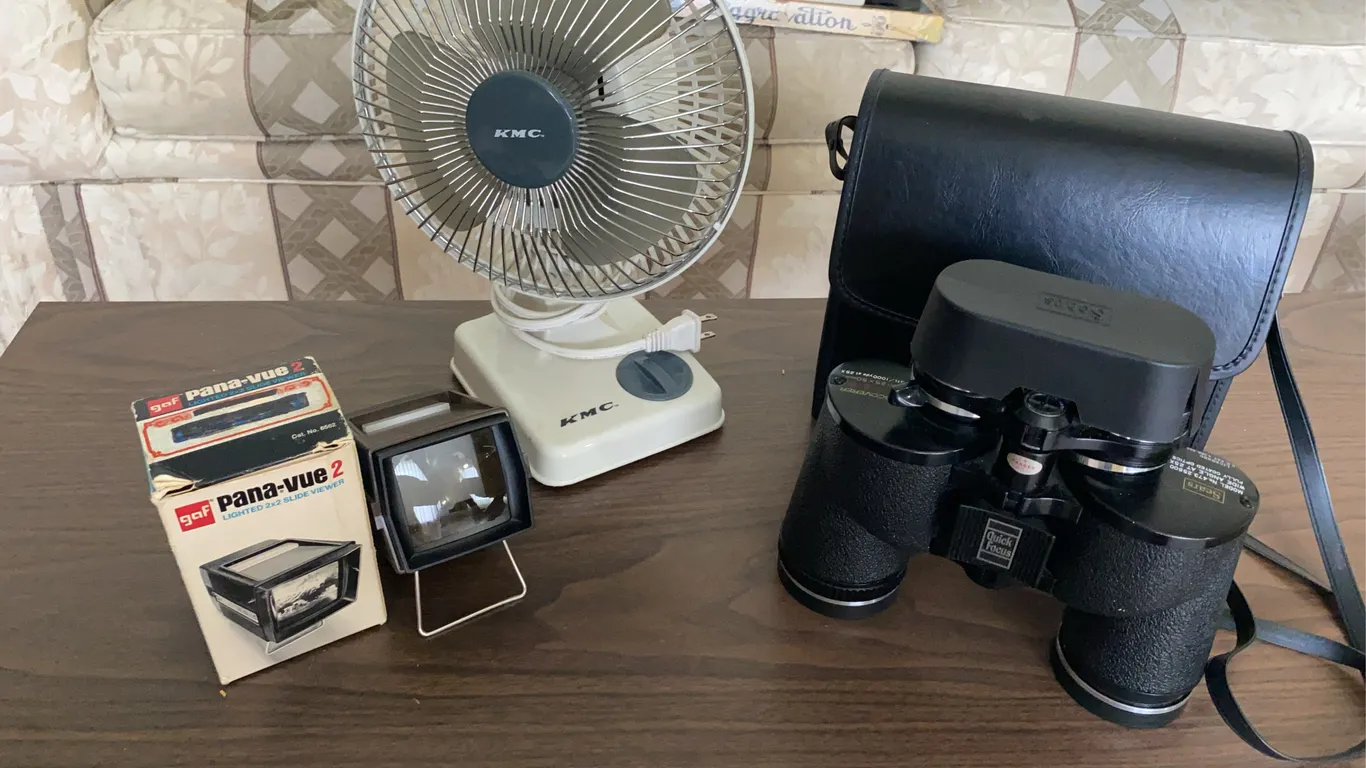 Vintage Binoculars, KMC Desk Fan & GAF Pana-Vue 2 Slide Viewer