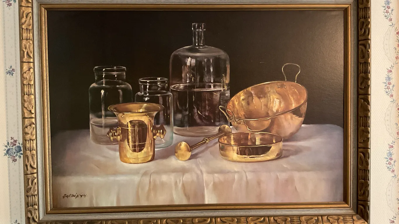 Framed Still Life Artwork – Glass Bottles & Brass/Copper Vessels