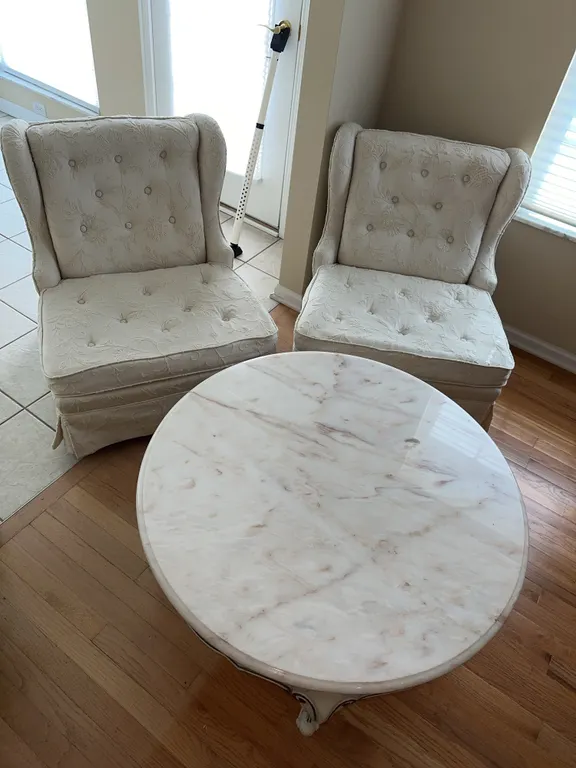 Marble top low round table + 2 slipper chairs