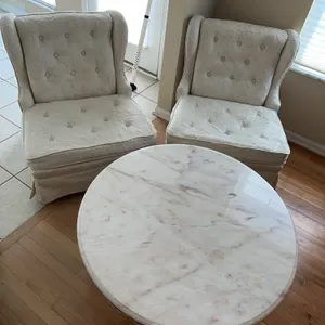 Marble top low round table + 2 slipper chairs