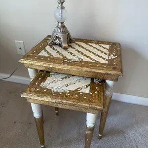 Florentine Wood - handmade in Italy. Nesting tables with accent lamp