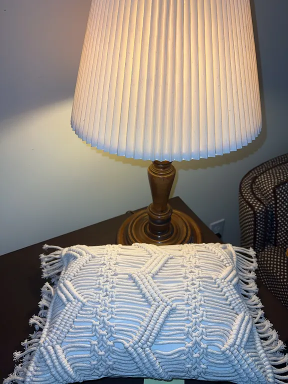 Unusual wood lamp, macramé pillow