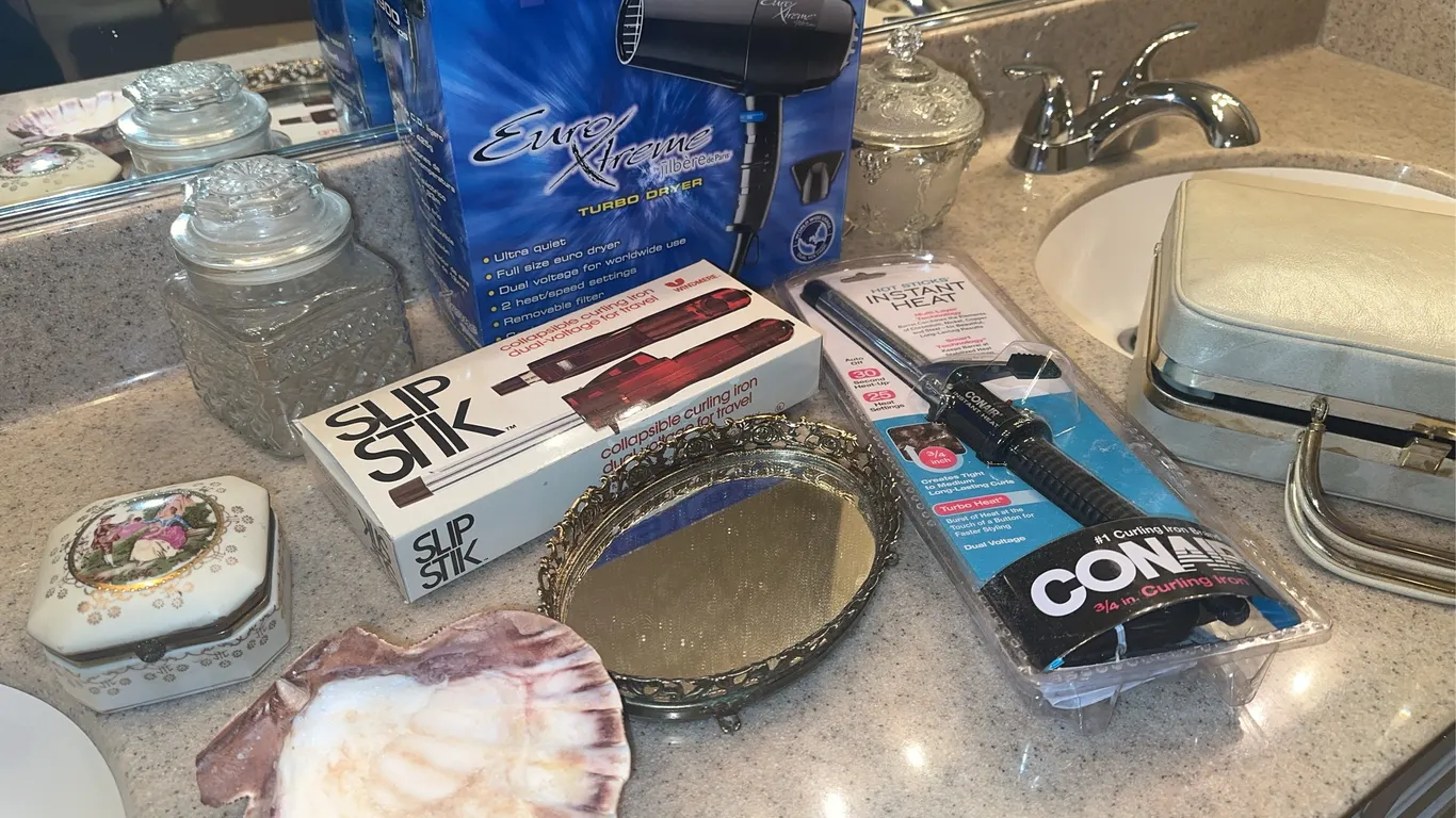 Curling irons, hair dryer, etc.