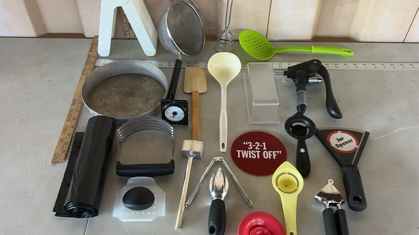 Assorted Kitchen Items-Westbend Pan, Utensils, Rubbermaid Grader, Etc.